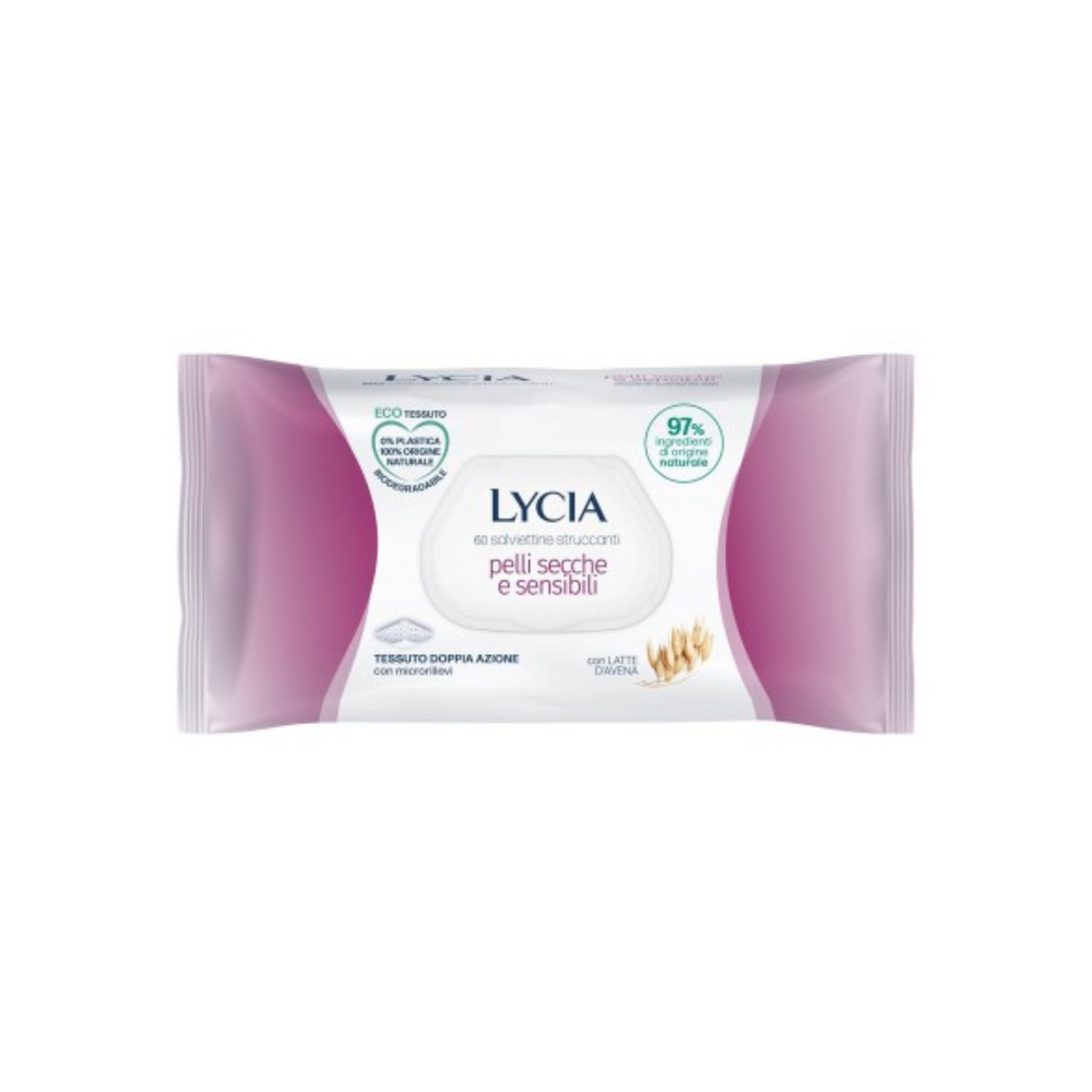 Lycia Salviettine Struccanti – Pelli Secche e Sensibili Con Latte d’Avena | 97% ingredienti di origine naturale | Eco Tessuto