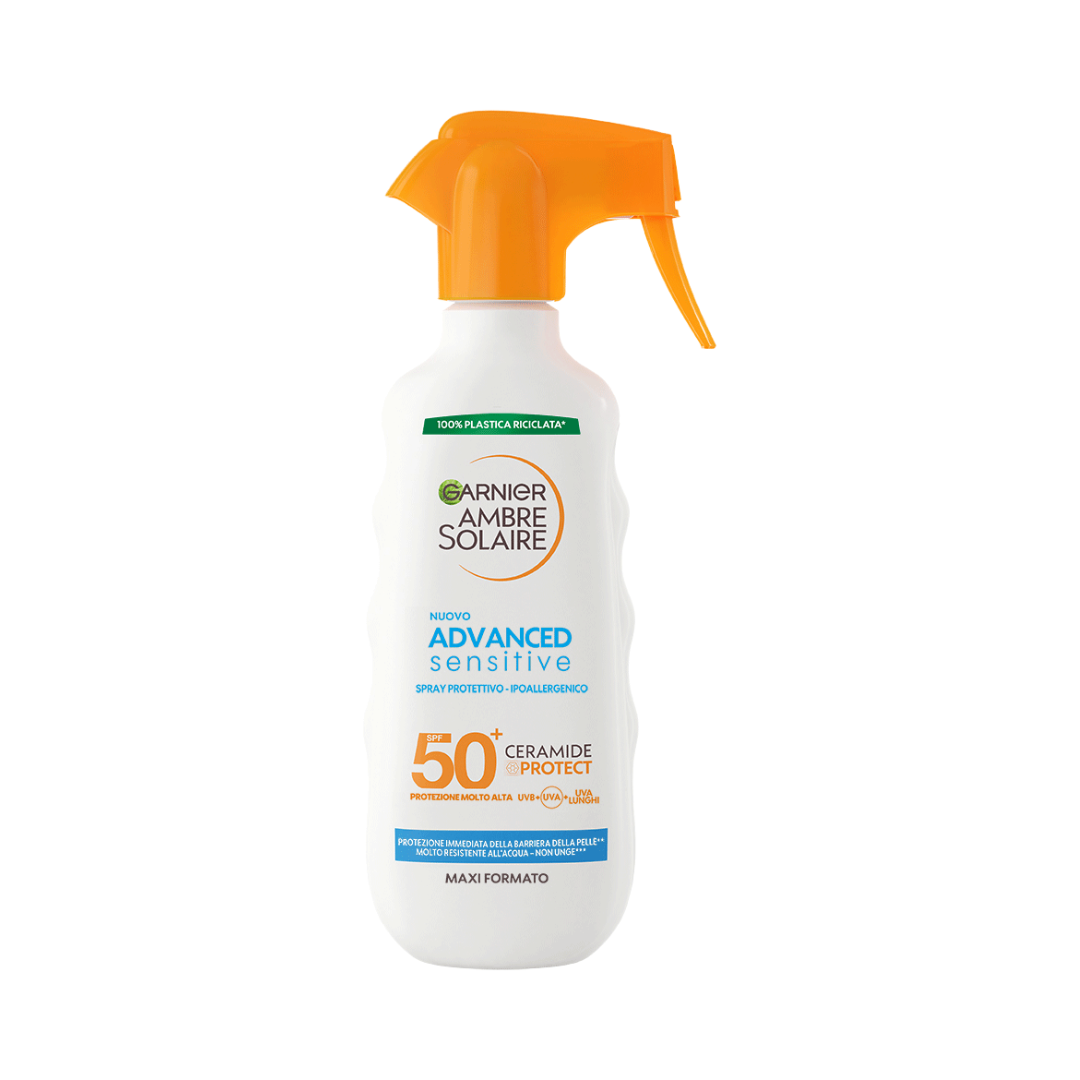 Garnier Ambre Solaire Advanced Sensitive Ceramide Protect SPF 50+ – Spray Protettivo Ipoallergenico Maxi Formato