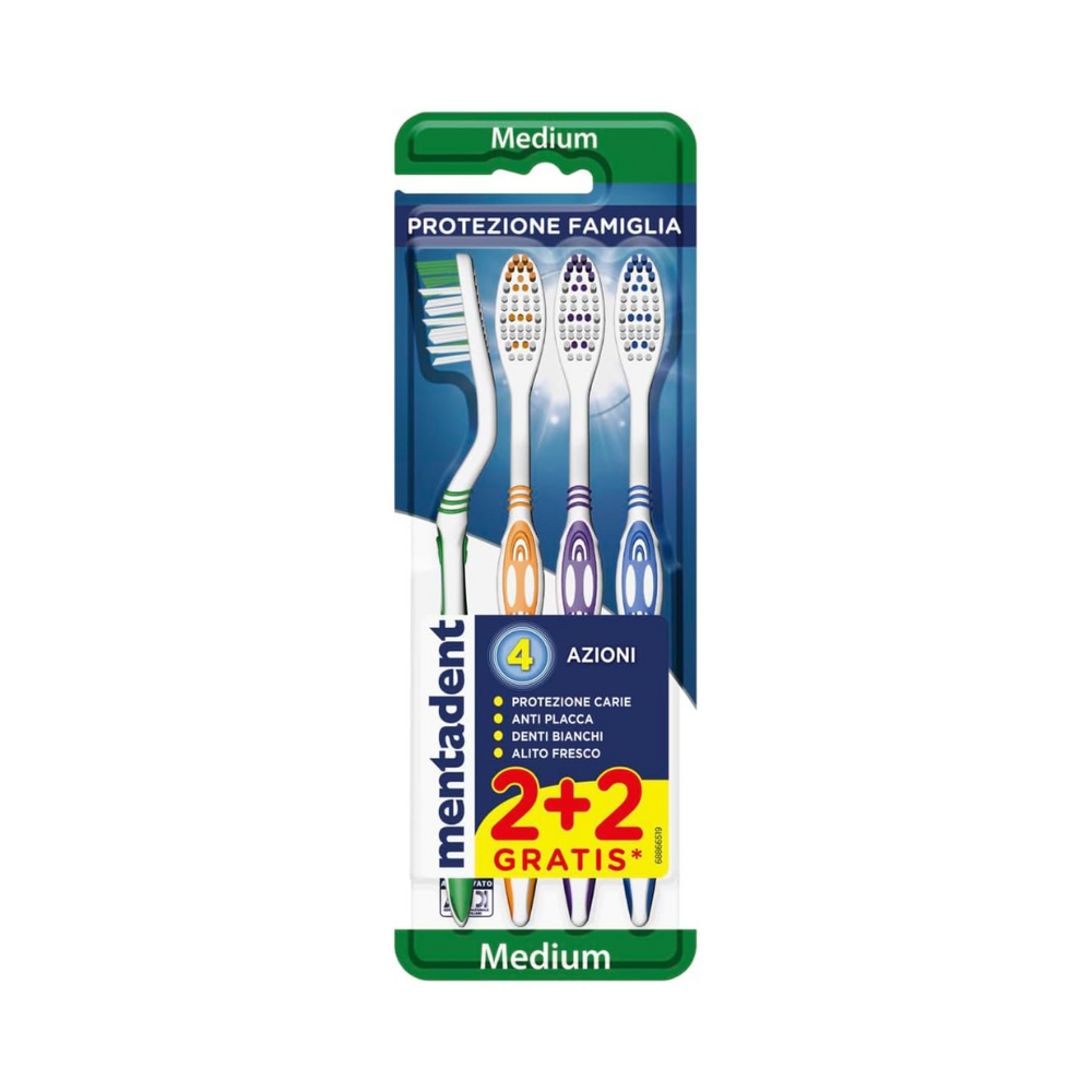 🦷 MENTADENT SPAZZOLINO PROTEZIONE FAMIGLIA – CONFEZIONE 4 PEZZI (2+2 GRATIS) 🦷