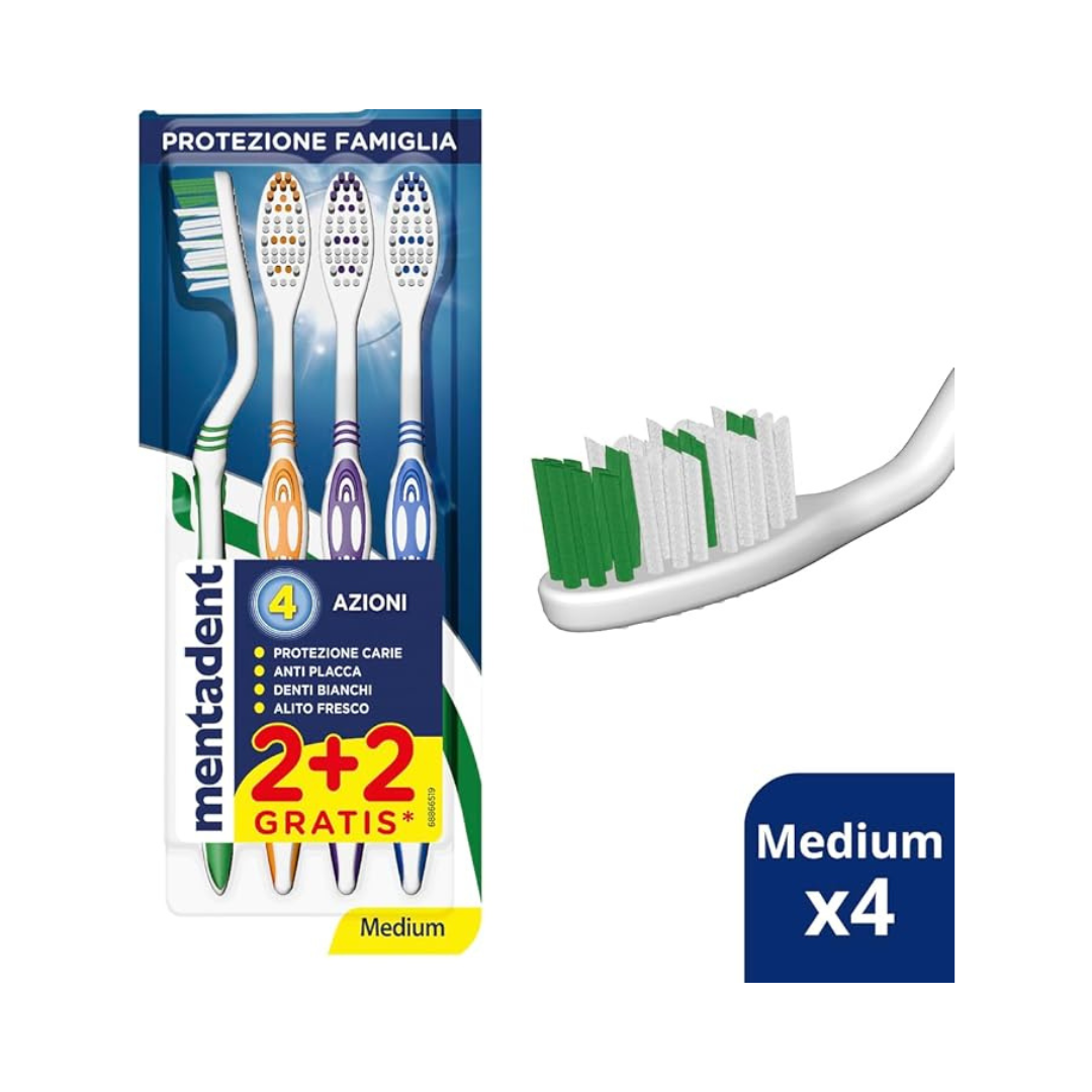 🦷 MENTADENT SPAZZOLINO PROTEZIONE FAMIGLIA – CONFEZIONE 4 PEZZI (2+2 GRATIS) 🦷